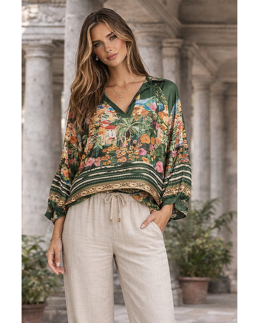 Italian Silk /Viscose Village scene Top (Green)