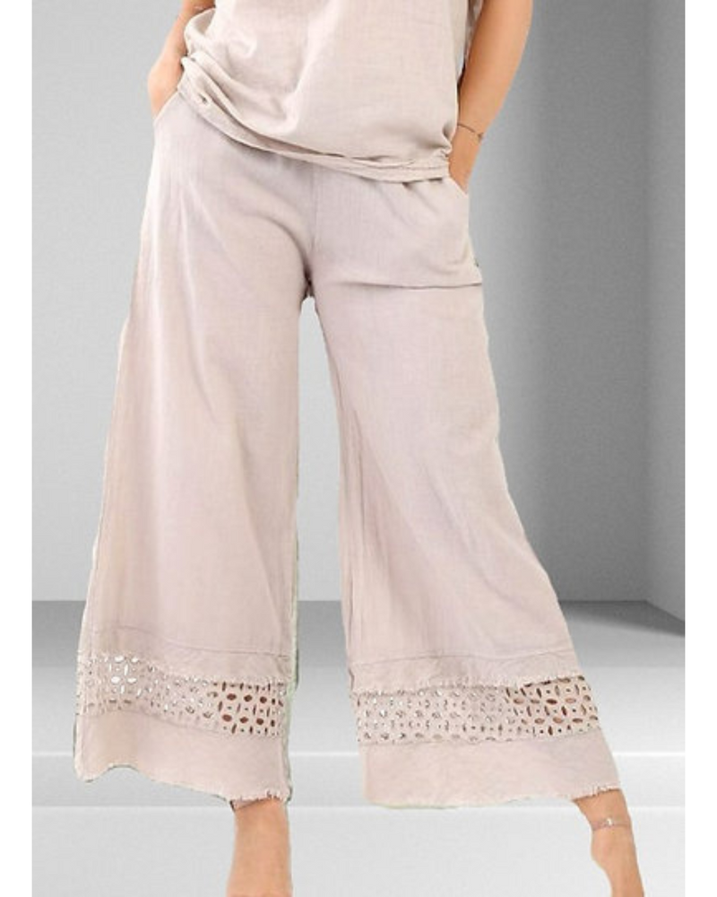 Lilliano - Italian Cotton/Linen Lace Detail Pants Natural