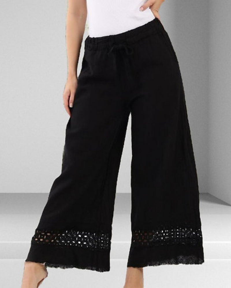 Lilliano - Italian Cotton/Linen Lace Detail Pants Black
