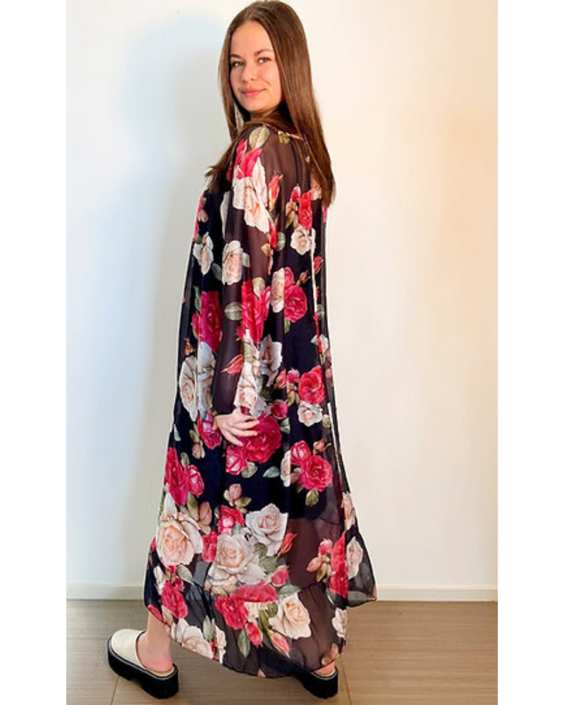 Lilliano - Italian Silk Rose Print Dress With Underlay Black