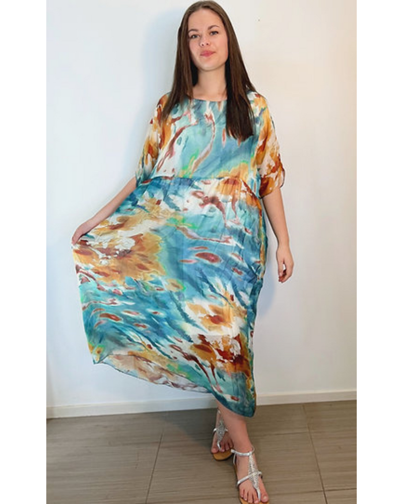 Lilliano - Italian Silk Long Dress Wash Print with Underlay