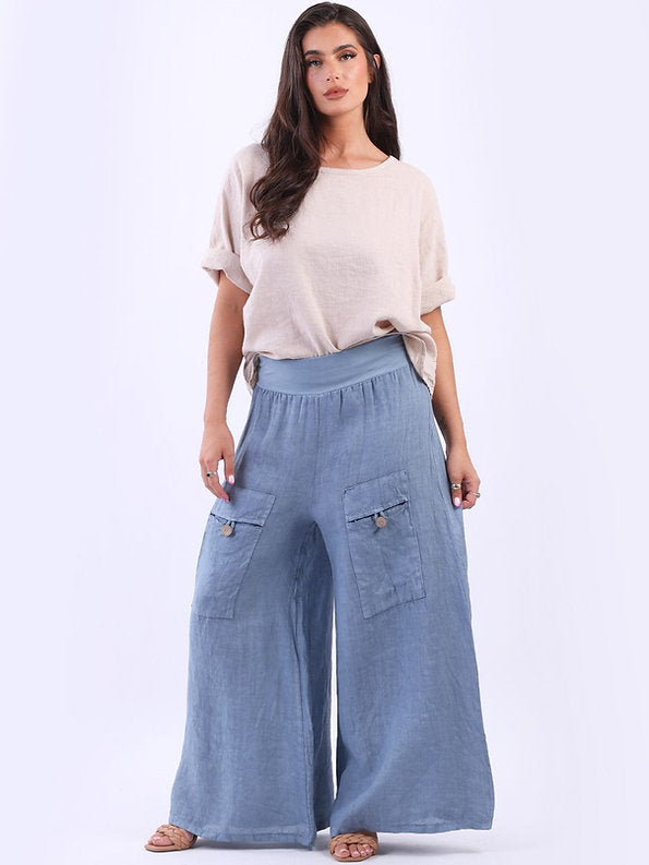 Lilliano -  Italian Linen Wide Leg Trouser (Blue)