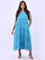 LILLIANO - Italian Sleeveless Front Patches Linen Lagenlook Dress (Aqua)