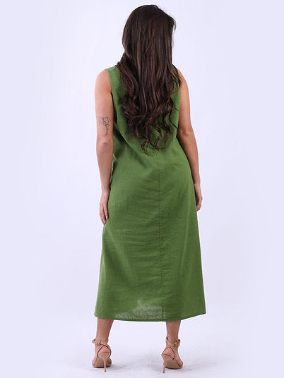 LILLIANO - Italian Sleeveless Front Linen Dress (Olive)