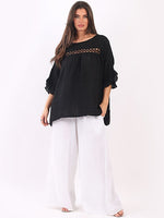 LILLIANO - Italian Plain Linen Eyelet Lace Detail Pleated Lagenlook Top (Black)