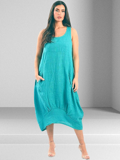 LILLIANO - Italian Linen Sleeveless Side stretch Dress (Aqua)