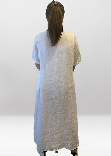 LILLIANO -  Italian Side Tie Linen Dress (White)