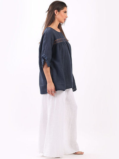 LILLIANO - Italian Plain Linen Eyelet Lace Detail Pleated Lagenlook Top (Blue)