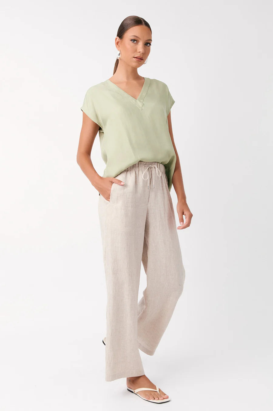 Adorne - Karina Cupro V Neck Top (Sage)