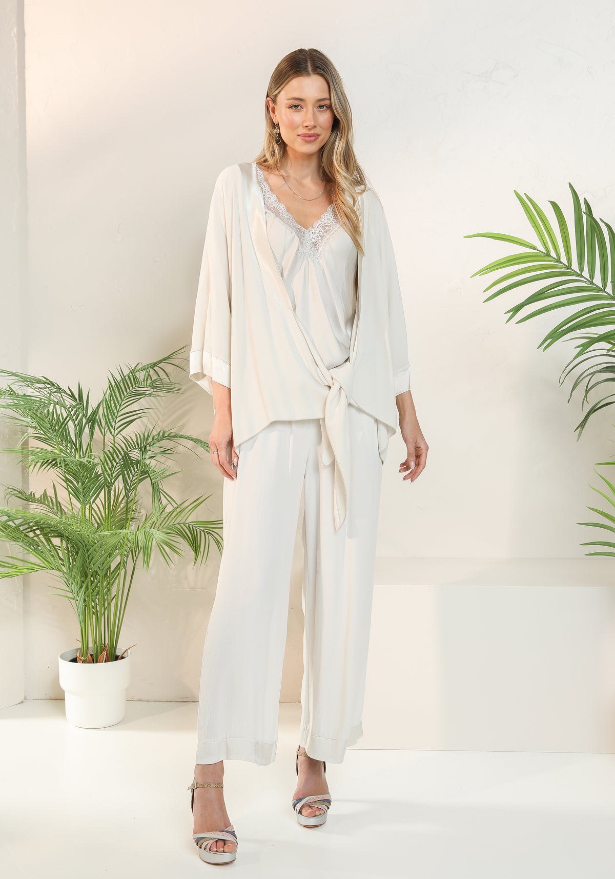 Satin Trim Kimono (Stone)
