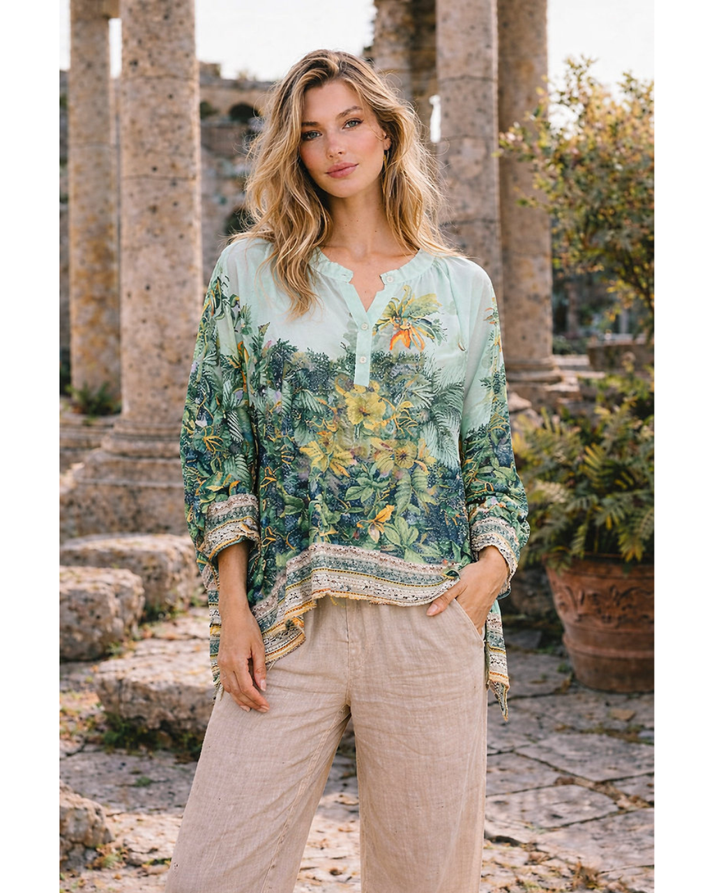 Italian Floral jungle inspired Top (Green)
