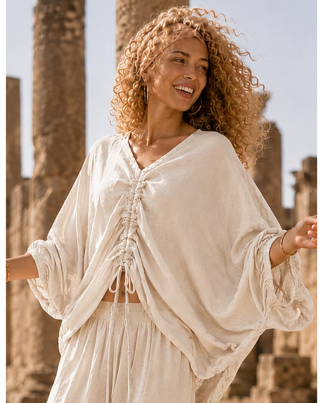 Italian Linen Ruched Panel Top (Beige)
