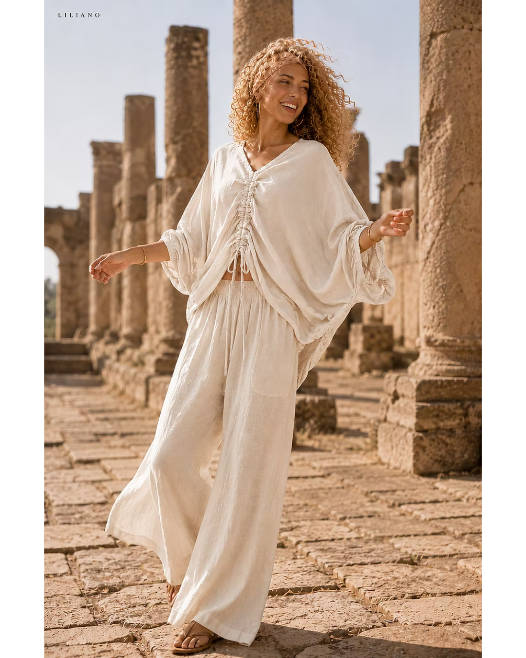 Italian Linen Ruched Panel Top (Beige)