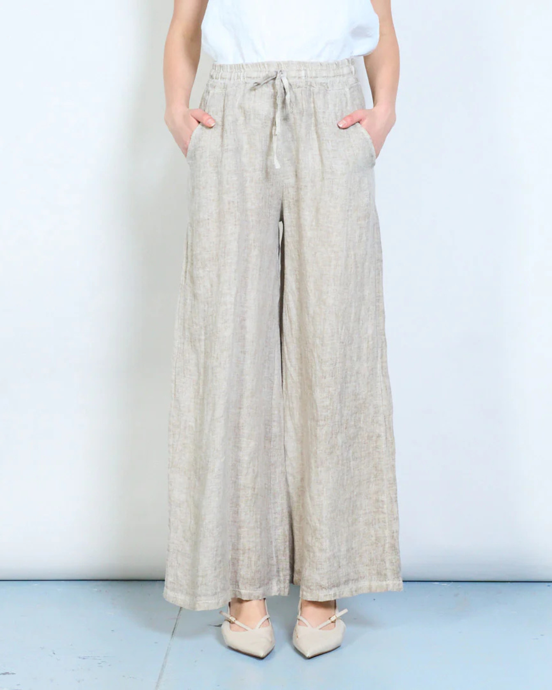 Italian Linen Tie Waist Pants (Beige)