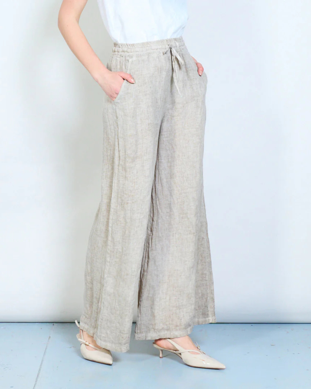 Italian Linen Tie Waist Pants (Beige)