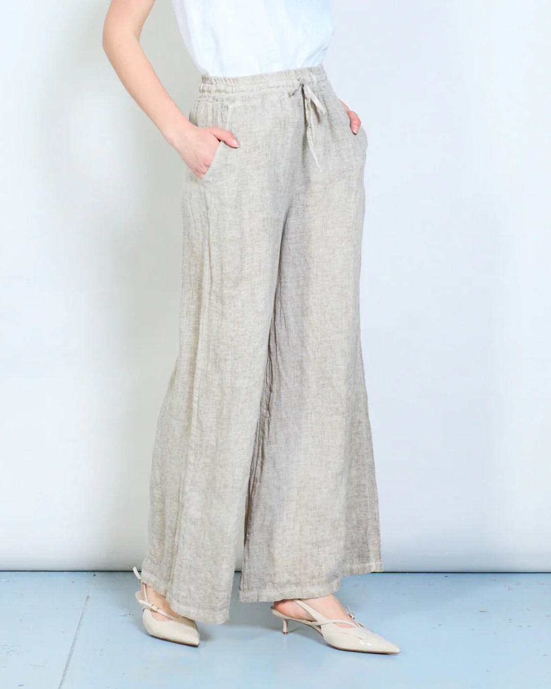 Italian Linen Tie Waist Pants (Beige)