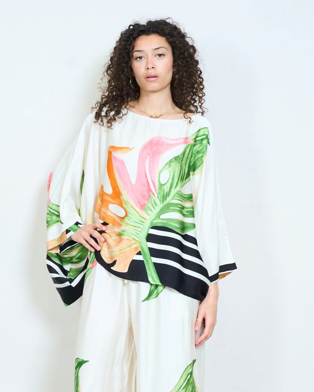Italian Oversized Leaf Print Silk/Viscose Top with black trim .