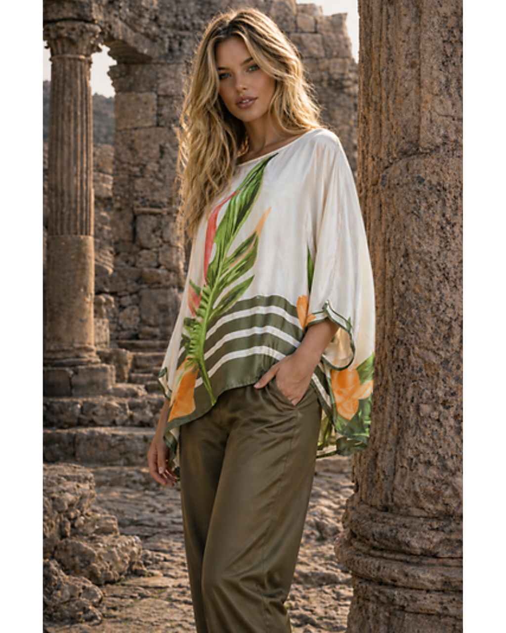 Italian Oversized Leaf Print Silk/Viscose Top with green trim .
