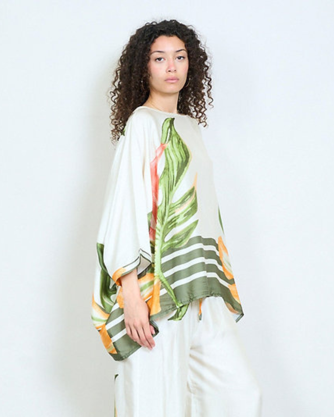 Italian Oversized Leaf Print Silk/Viscose Top with green trim .