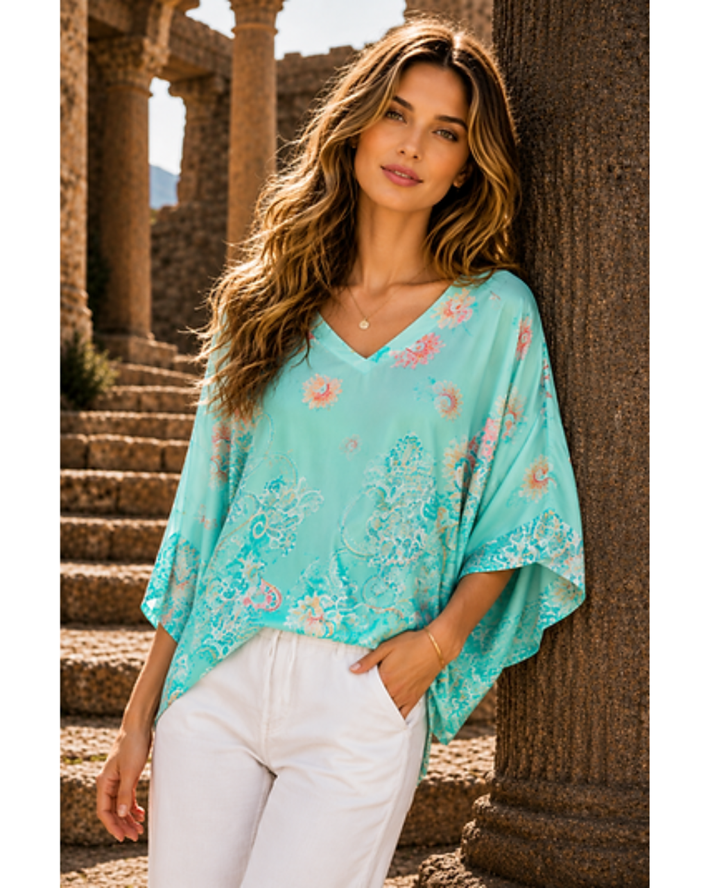 Italian Paisley Print Silk/ViscoseTop (Sea)