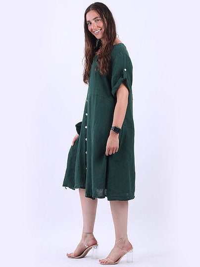 LILLIANO - Italian Side Buttons Linen Dress