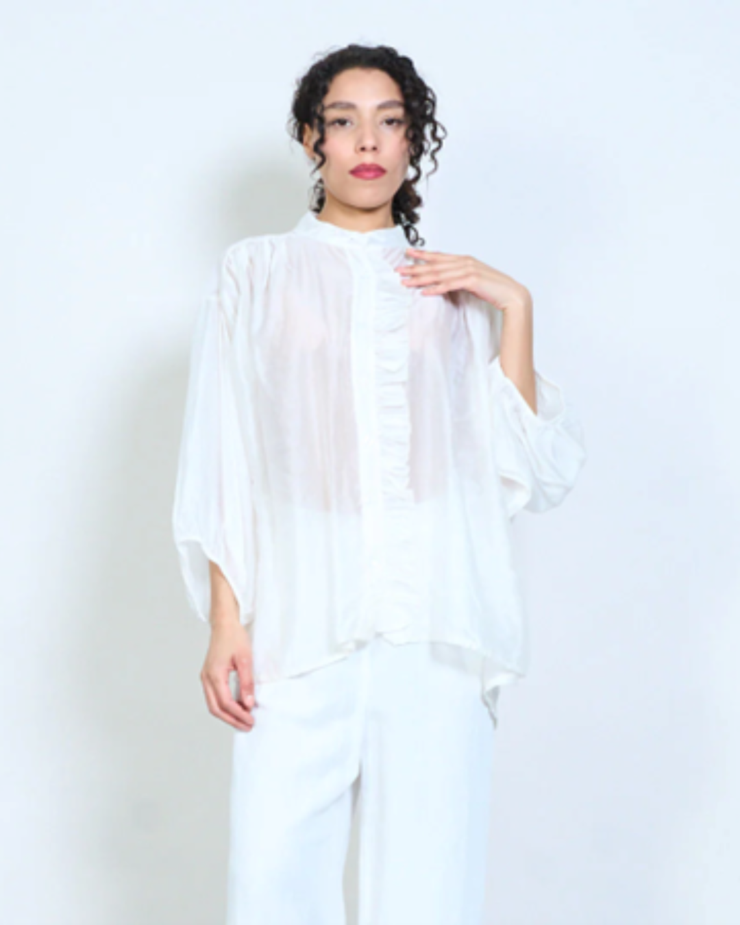 Italian Asymmetric ruffle trim Shirt (Off White)
