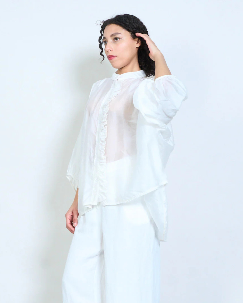 Italian Asymmetric ruffle trim Shirt (Off White)