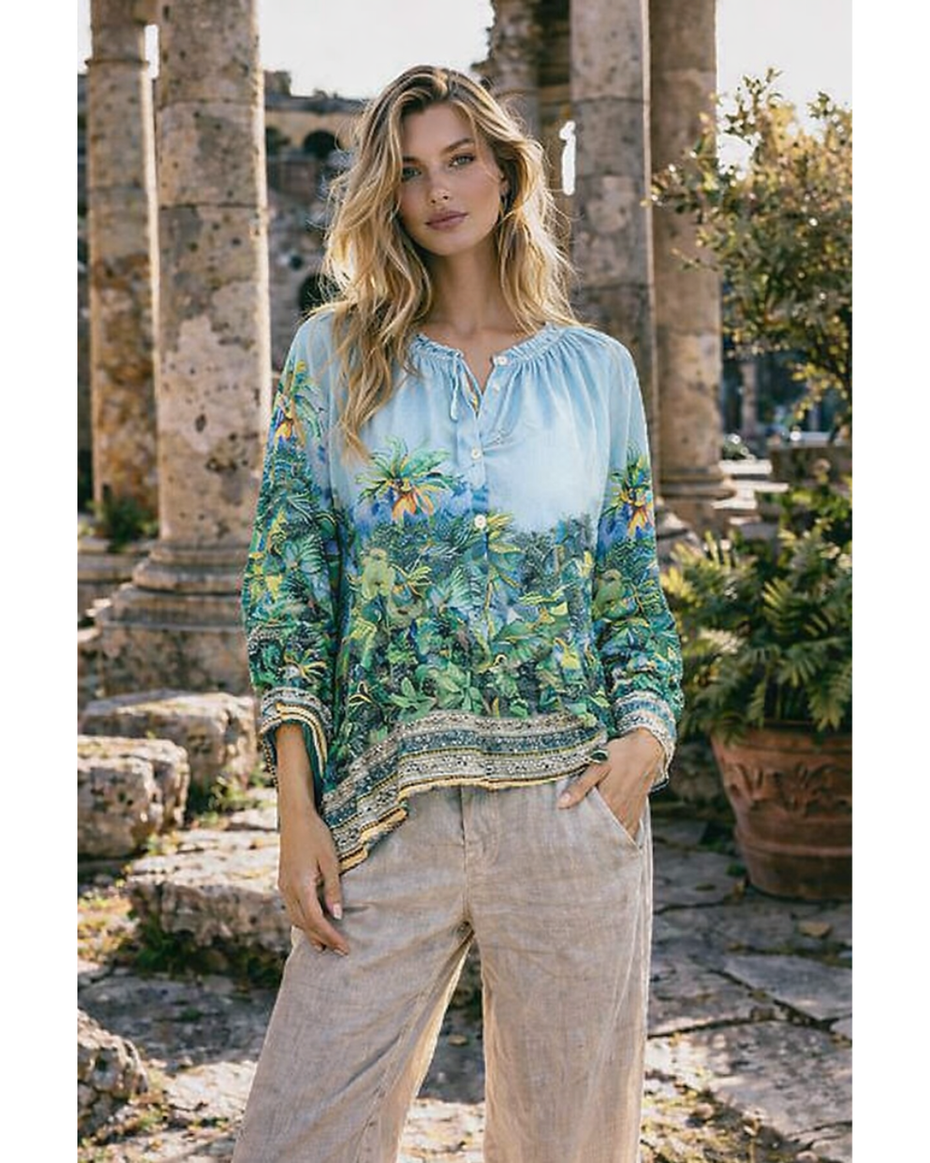 Italian Floral jungle inspired Top (Blue)