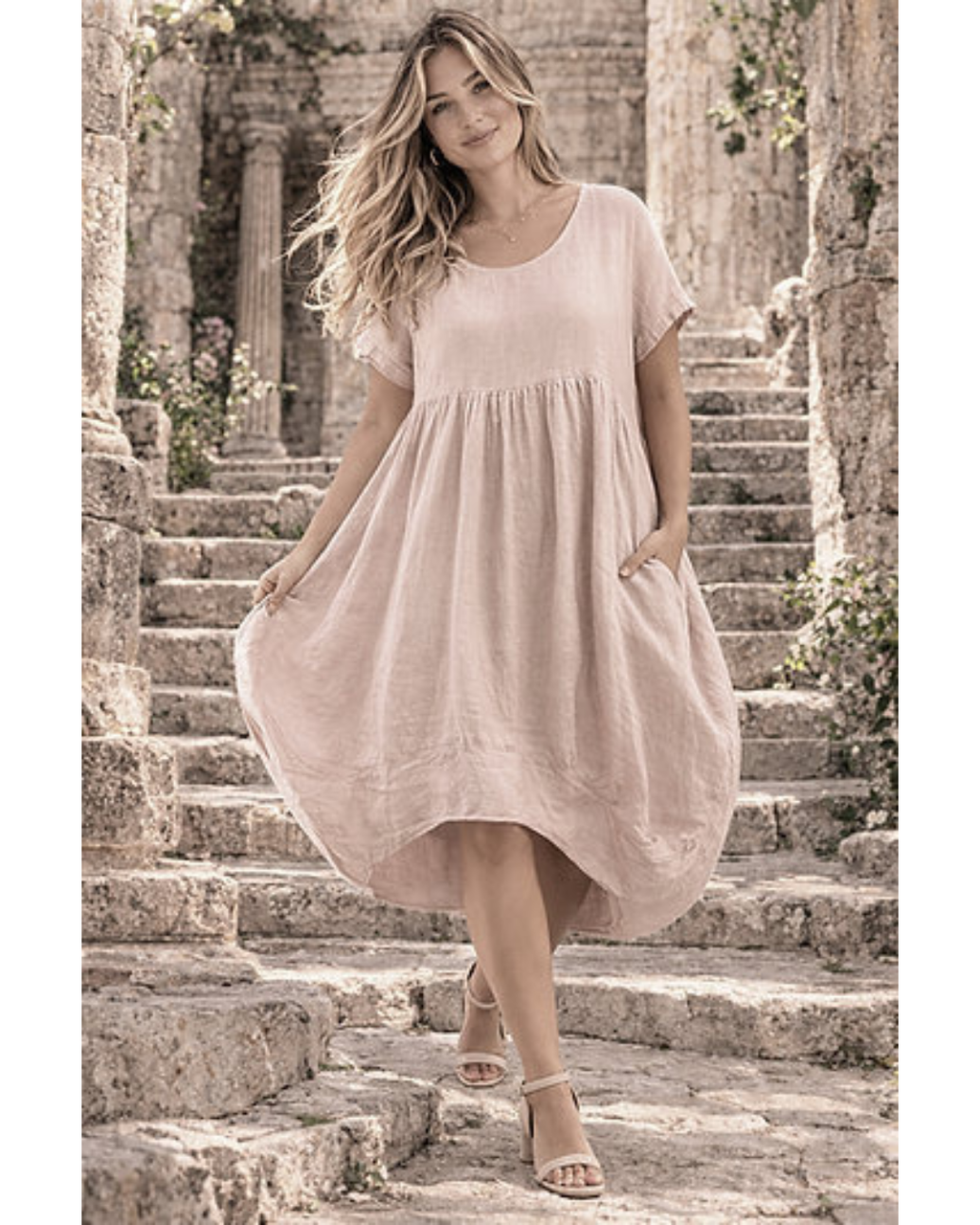 Plain Linen Quirky Lagenlook Midi Swing Dress (Beige)