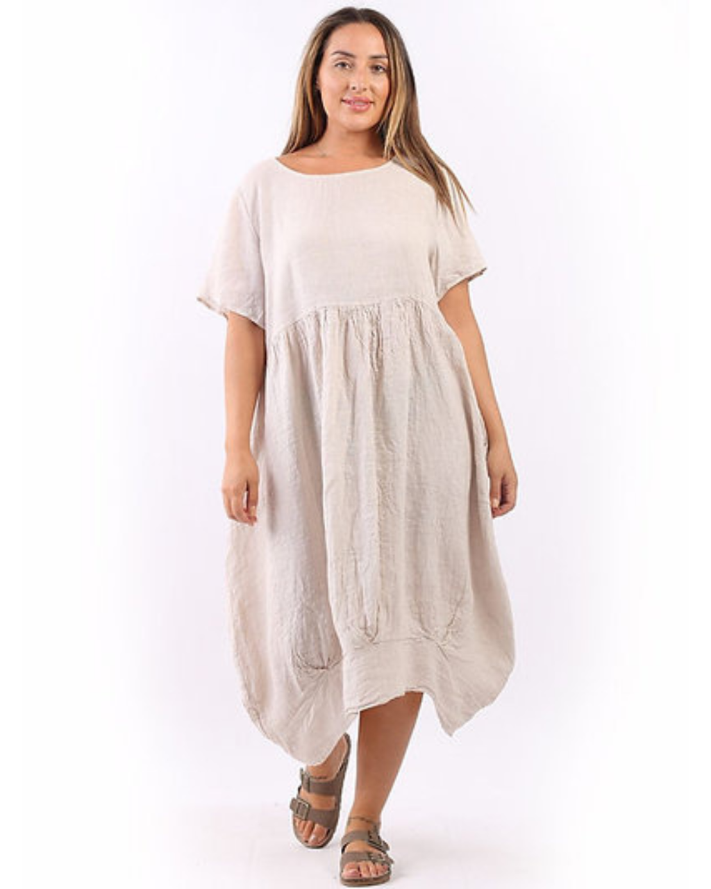 Plain Linen Quirky Lagenlook Midi Swing Dress (Beige)