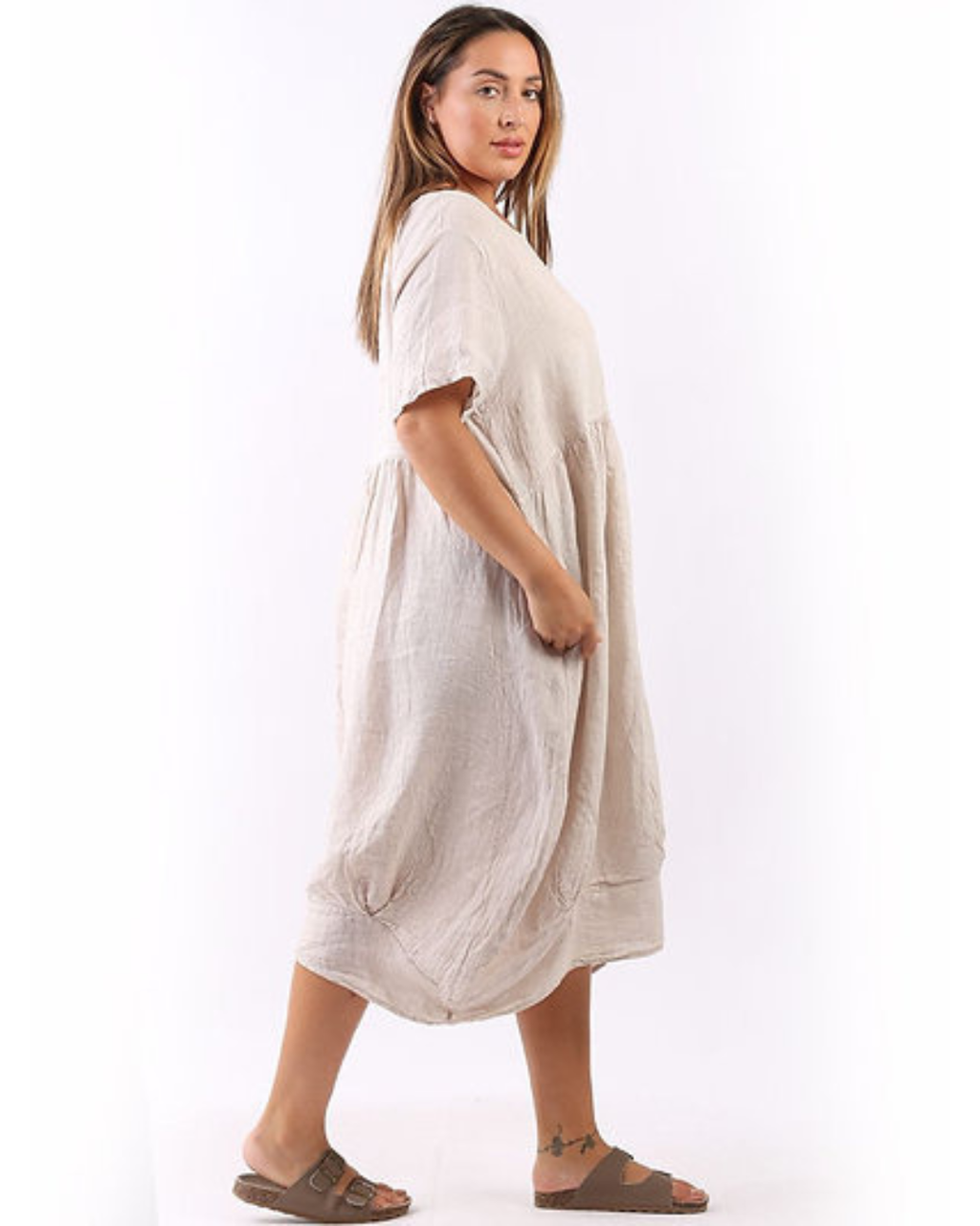 Plain Linen Quirky Lagenlook Midi Swing Dress (Beige)