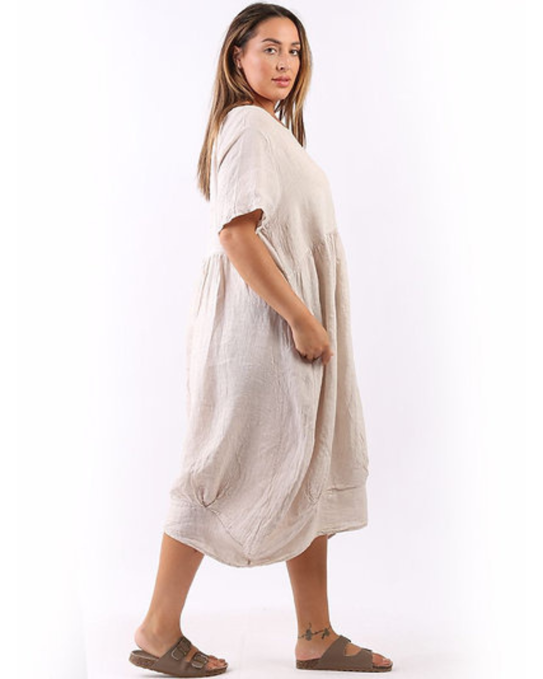 Plain Linen Quirky Lagenlook Midi Swing Dress (Beige)
