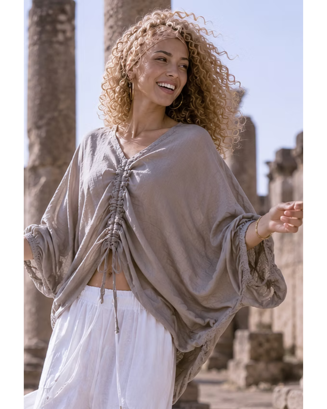Italian Linen Ruched Panel Top (Taupe)