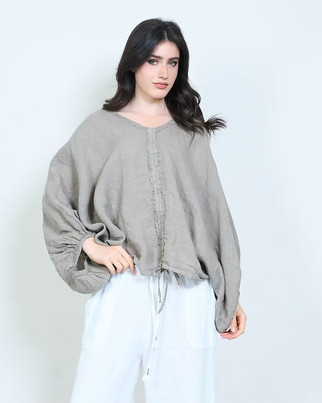 Italian Linen Ruched Panel Top (Taupe)