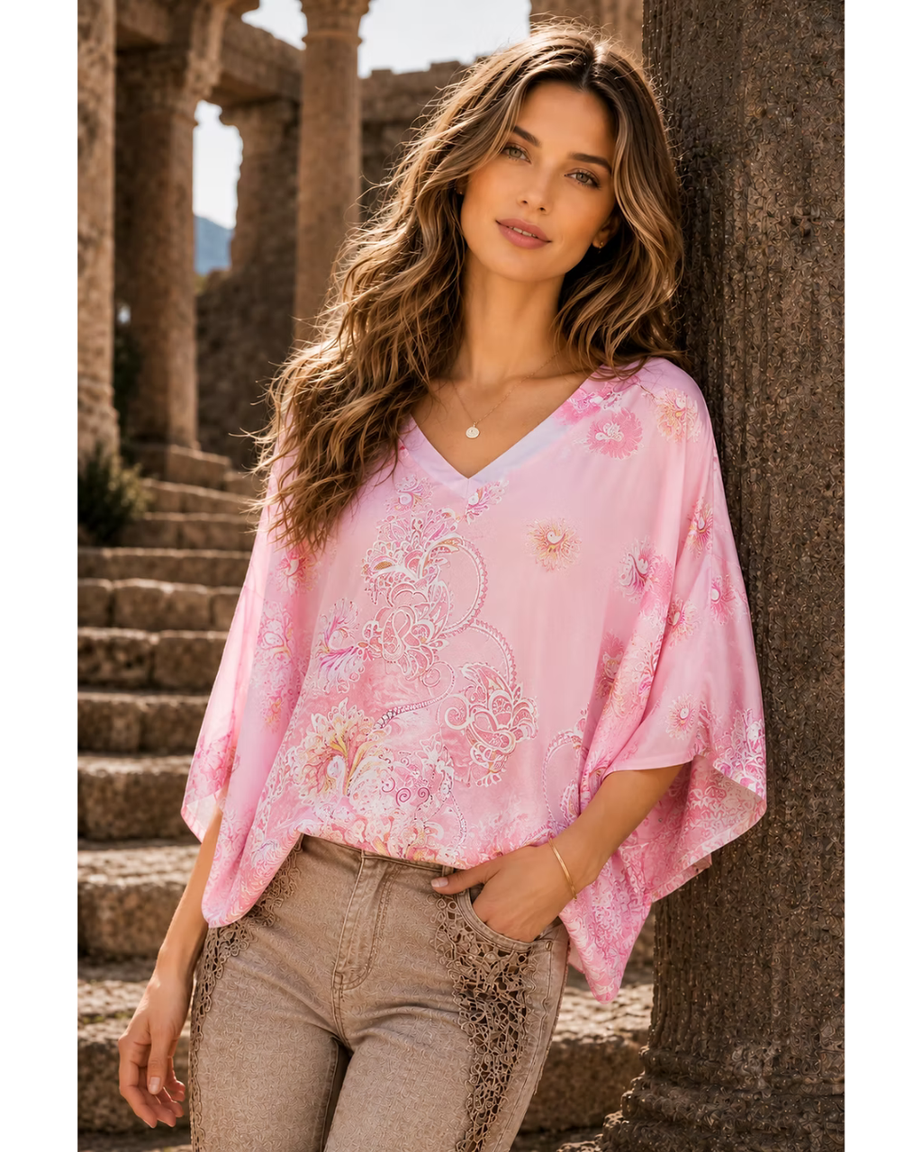 Italian Paisley Print Silk/ViscoseTop (Pink)