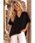Italian Raw Edges Solid Linen Baggy Top Raw Edge V-Neck (Black)