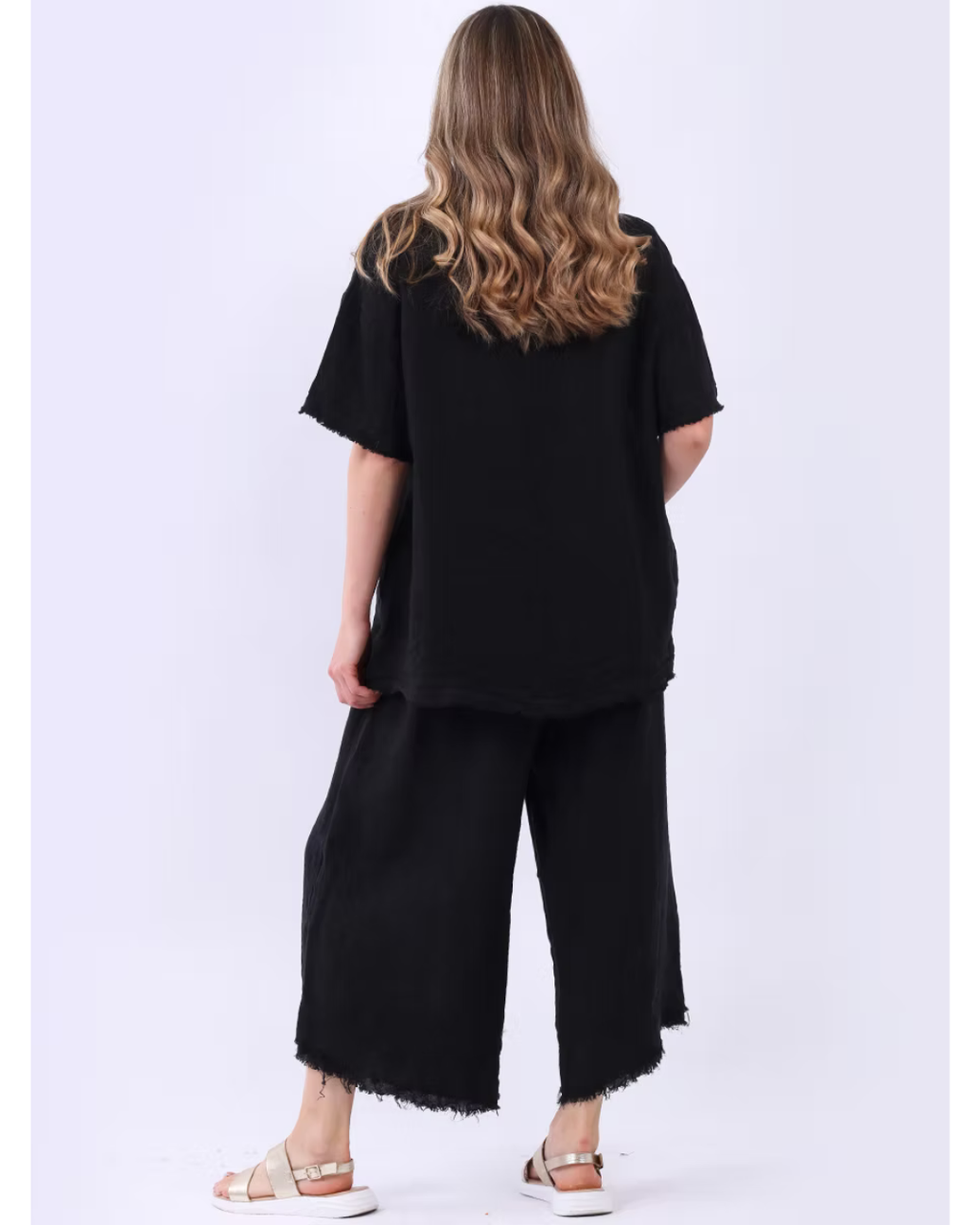 Italian Raw Edges Solid Linen Baggy Top Raw Edge V-Neck (Black)
