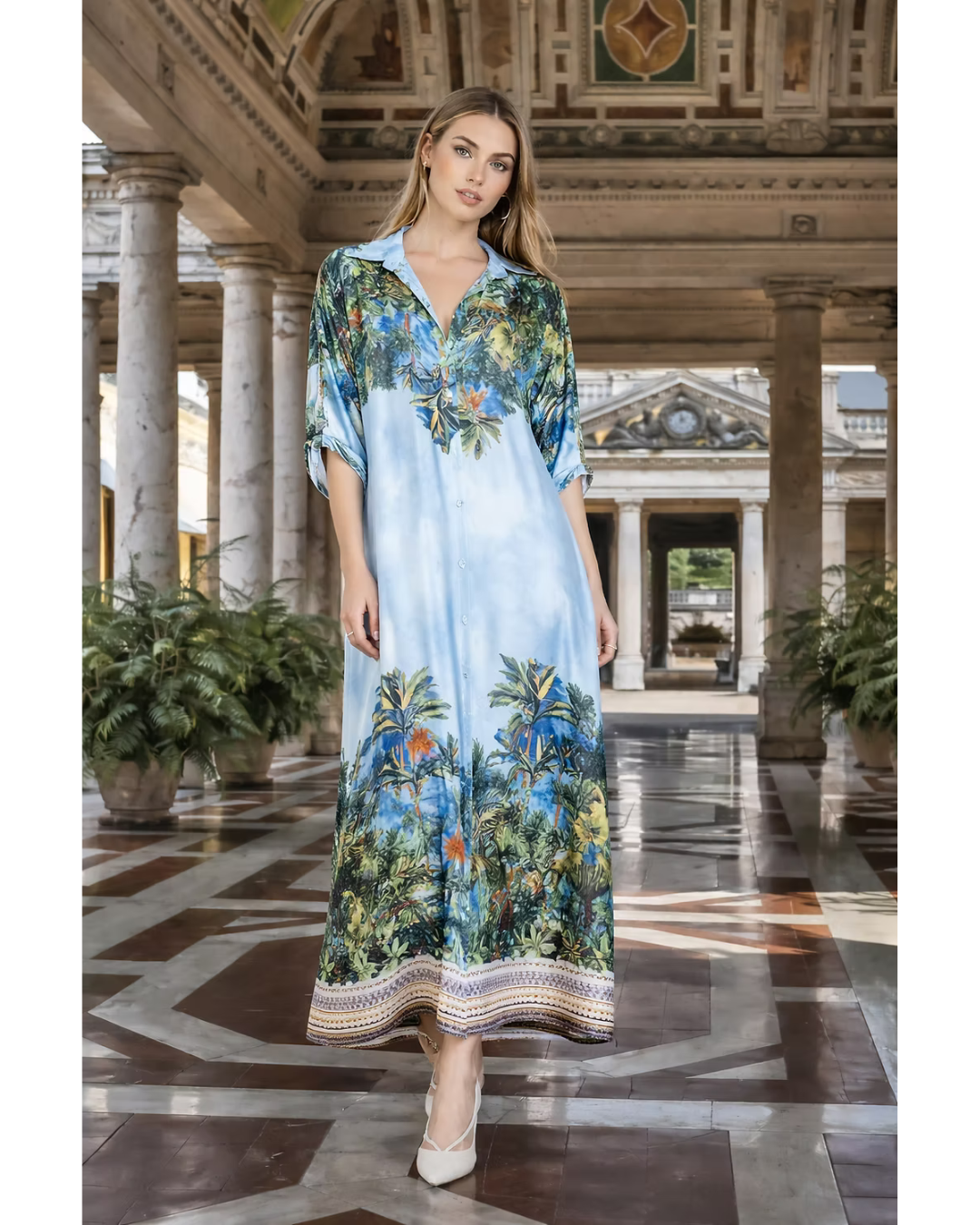 Italian Silk Satin Floral Print Dress (Blue)