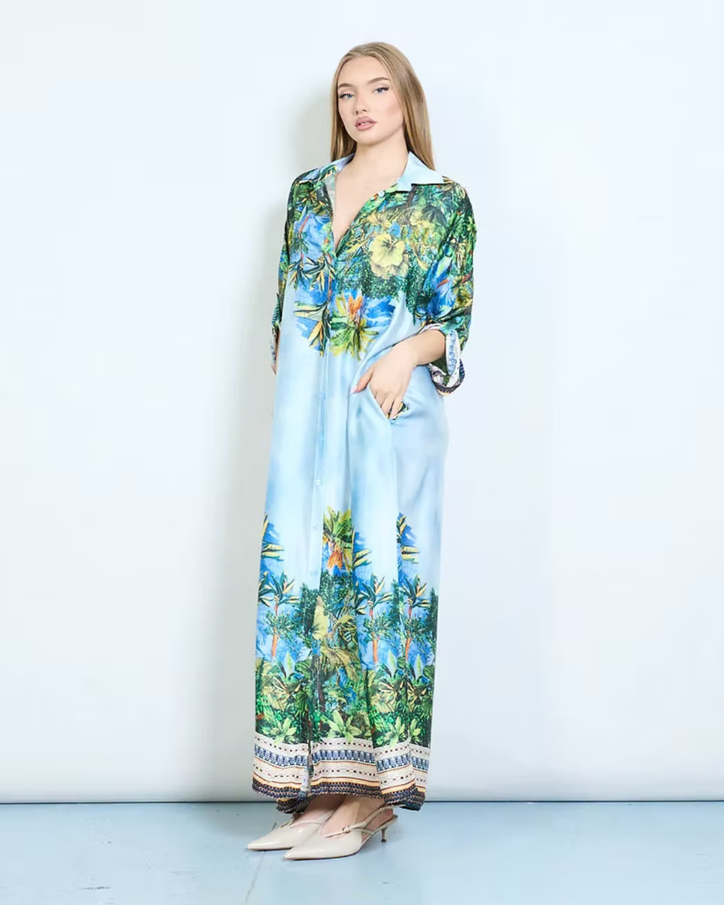 Italian Silk Satin Floral Print Dress (Blue)