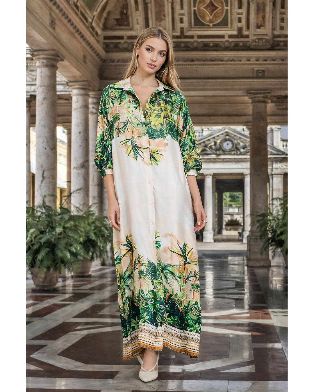 Italian Tropical Silk Viscose Dress (Champagne)