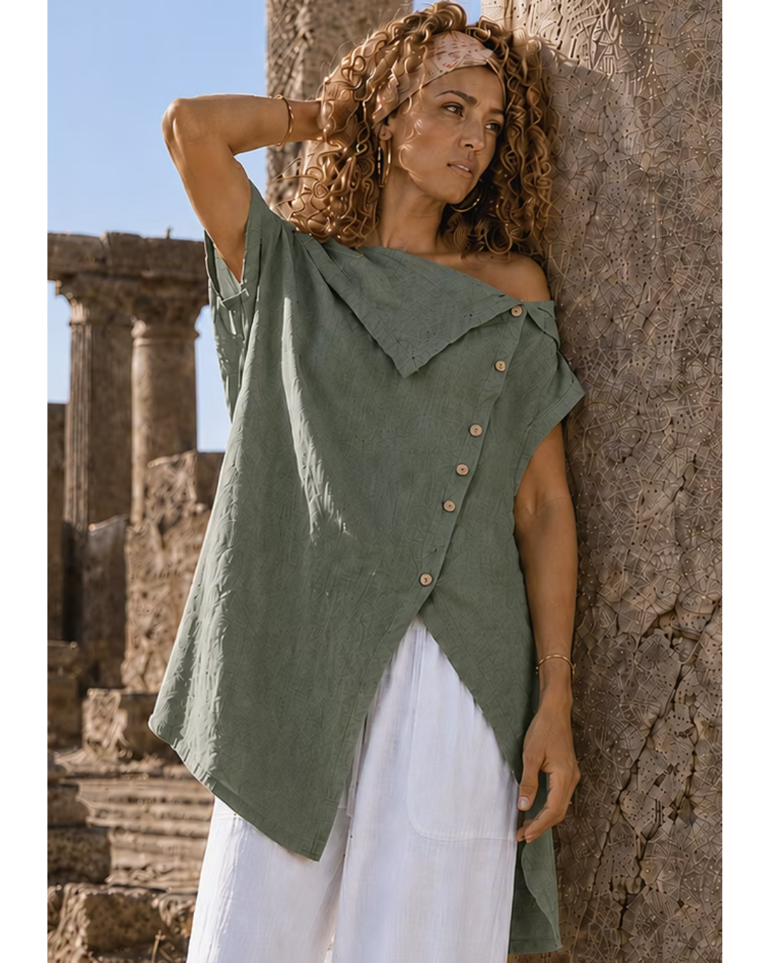 Italian Waterfall collar Sleeveless Linen Tunic (Khaki)