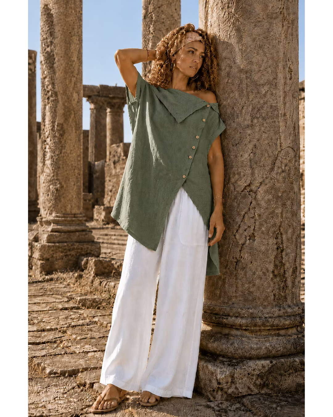 Italian Waterfall collar Sleeveless Linen Tunic (Khaki)