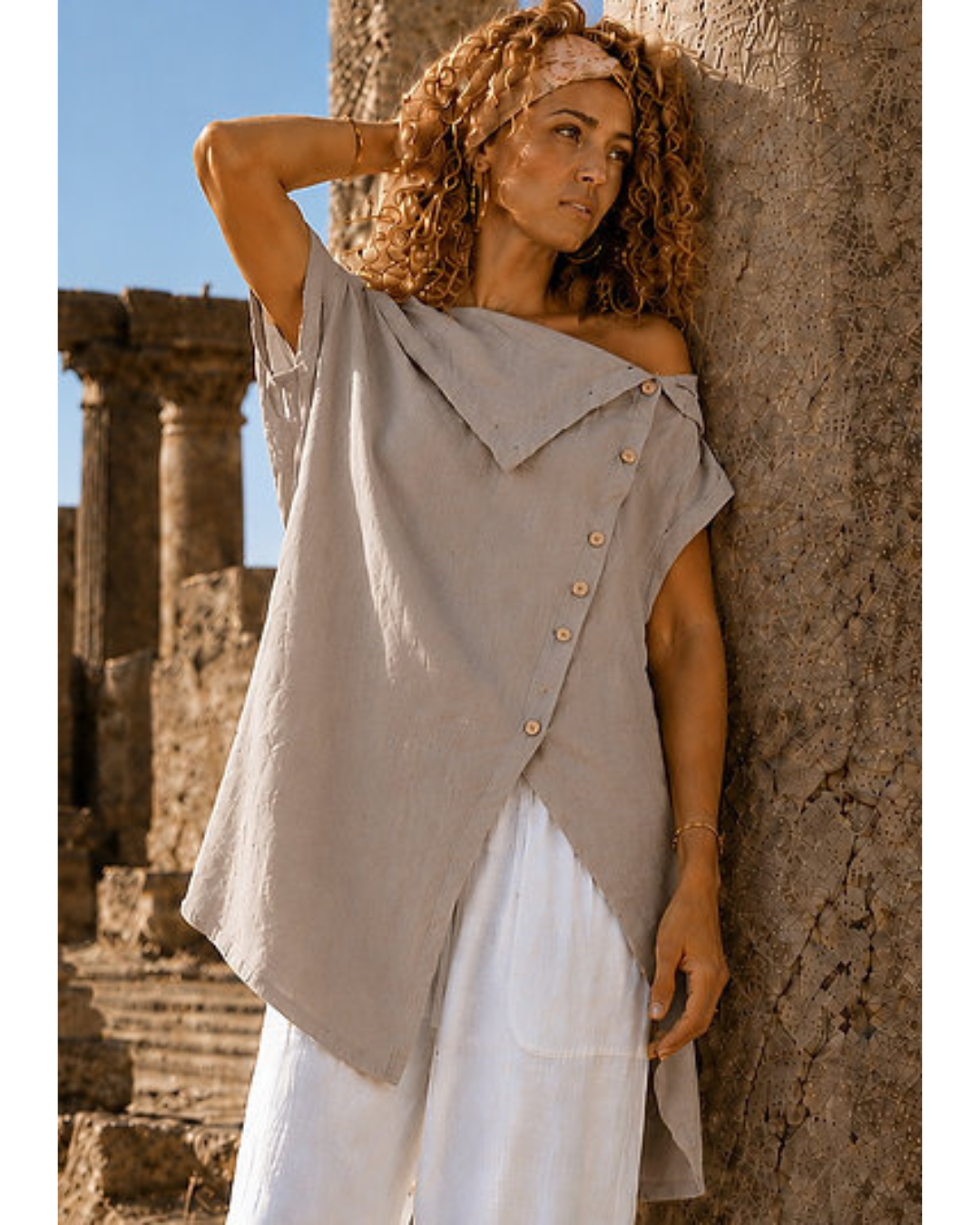 Italian Waterfall collar Sleeveless Linen Tunic (Taupe)