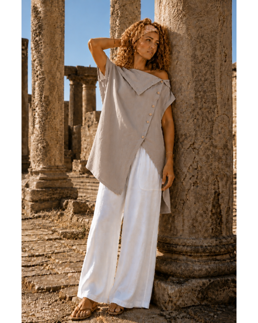 Italian Waterfall collar Sleeveless Linen Tunic (Taupe)