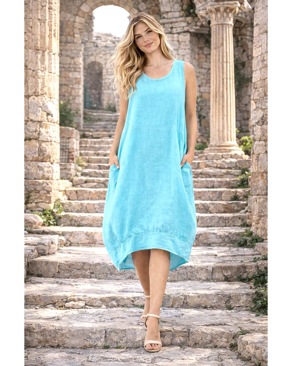 Made In Italy Plain Linen Lagenlook Quirky Sleeveless Dress