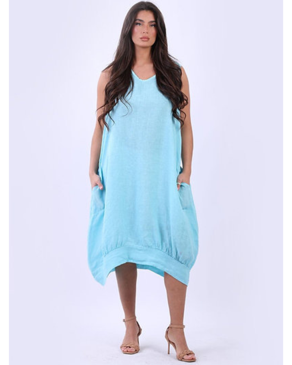 Made In Italy Plain Linen Lagenlook Quirky Sleeveless Dress