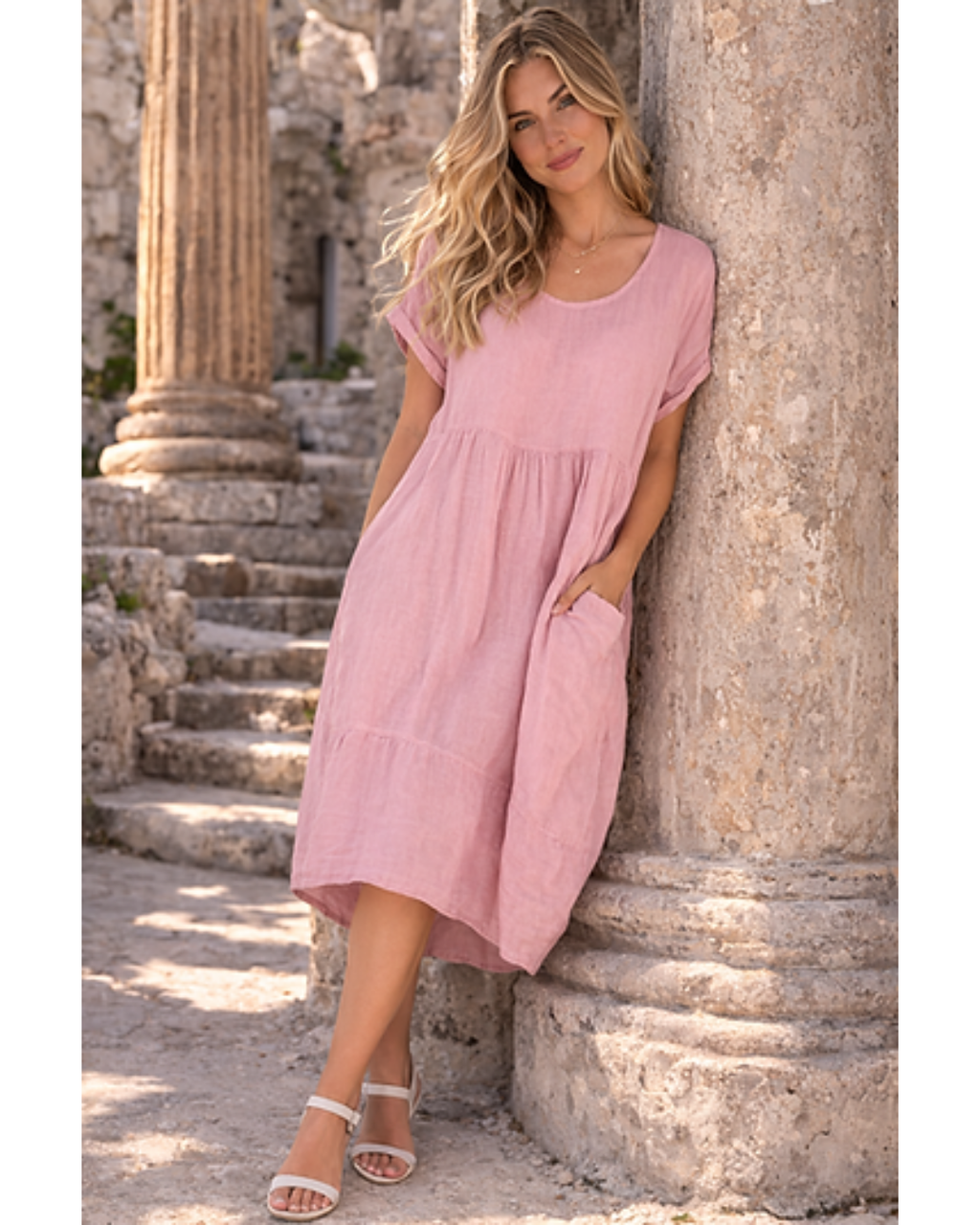 Plain Linen Quirky Lagenlook Midi Swing Dress (Pink)