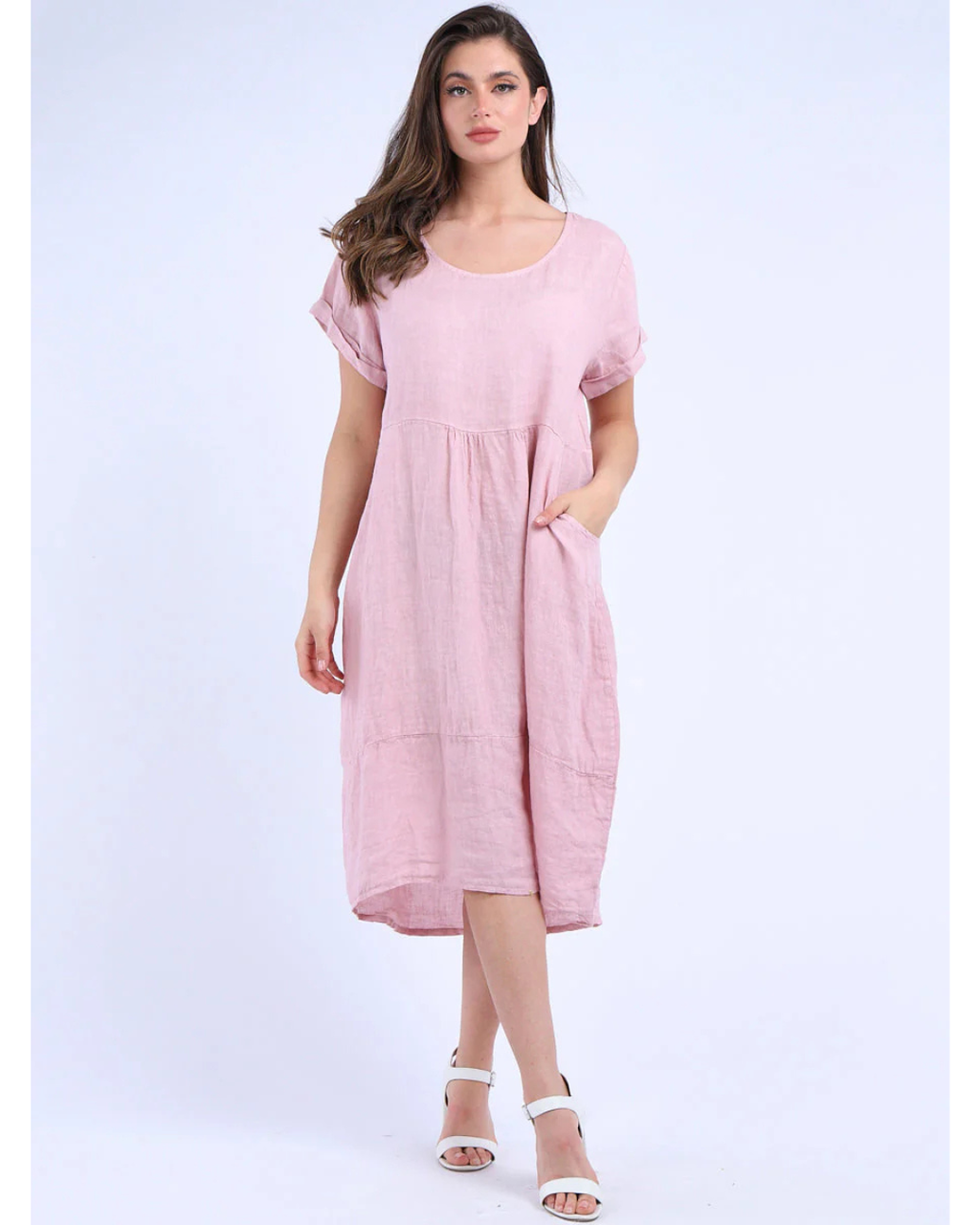 Plain Linen Quirky Lagenlook Midi Swing Dress (Pink)