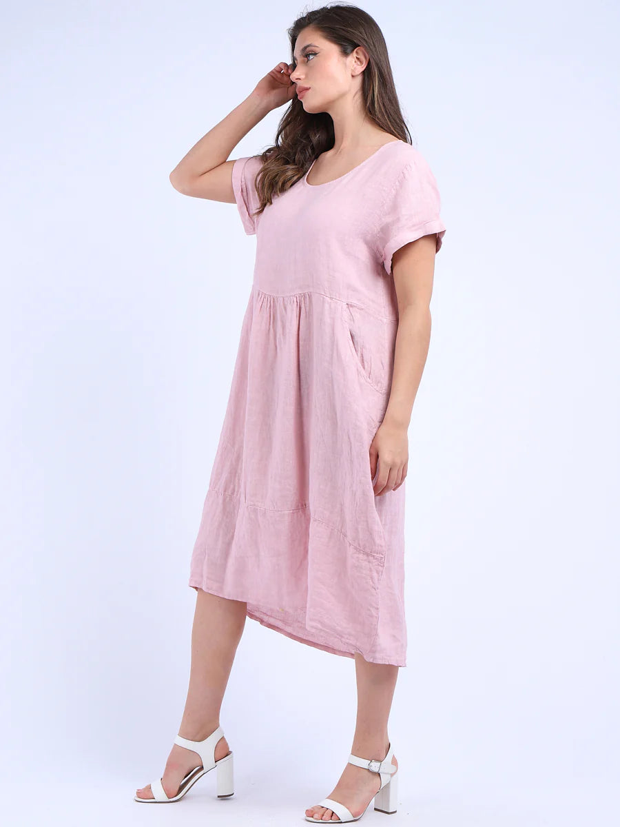 Plain Linen Quirky Lagenlook Midi Swing Dress (Pink)