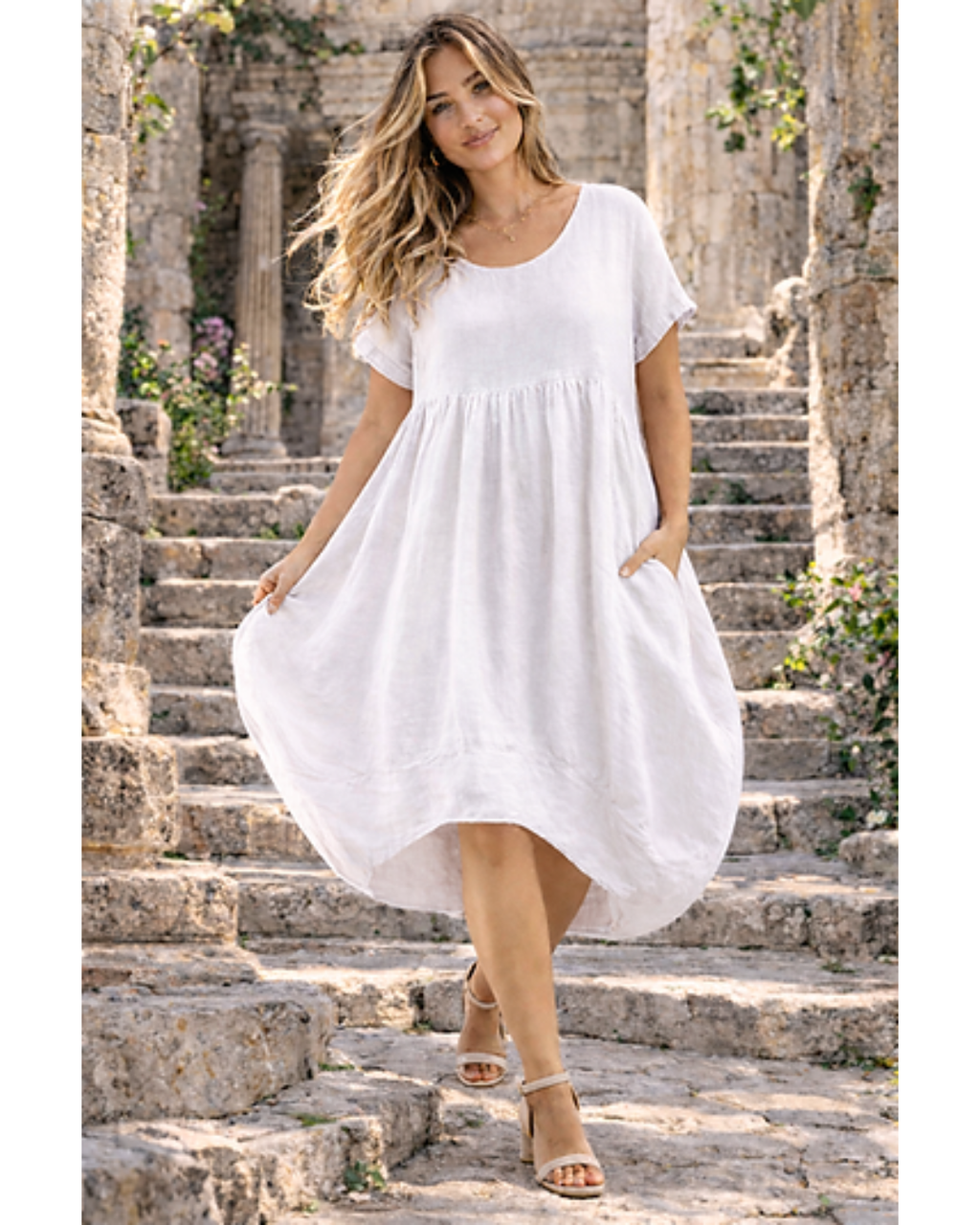Plain Linen Quirky Lagenlook Midi Swing Dress (White)